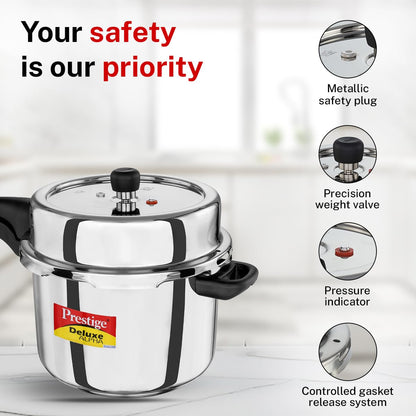 Prestige 8 Litre Stainless Steel Deluxe Alpha Svachh Outerlid Pressure Cooker |Deep lid for spillage control|10 years warranty|Gas & Induction compatible|Gasket release system|ISI Certified