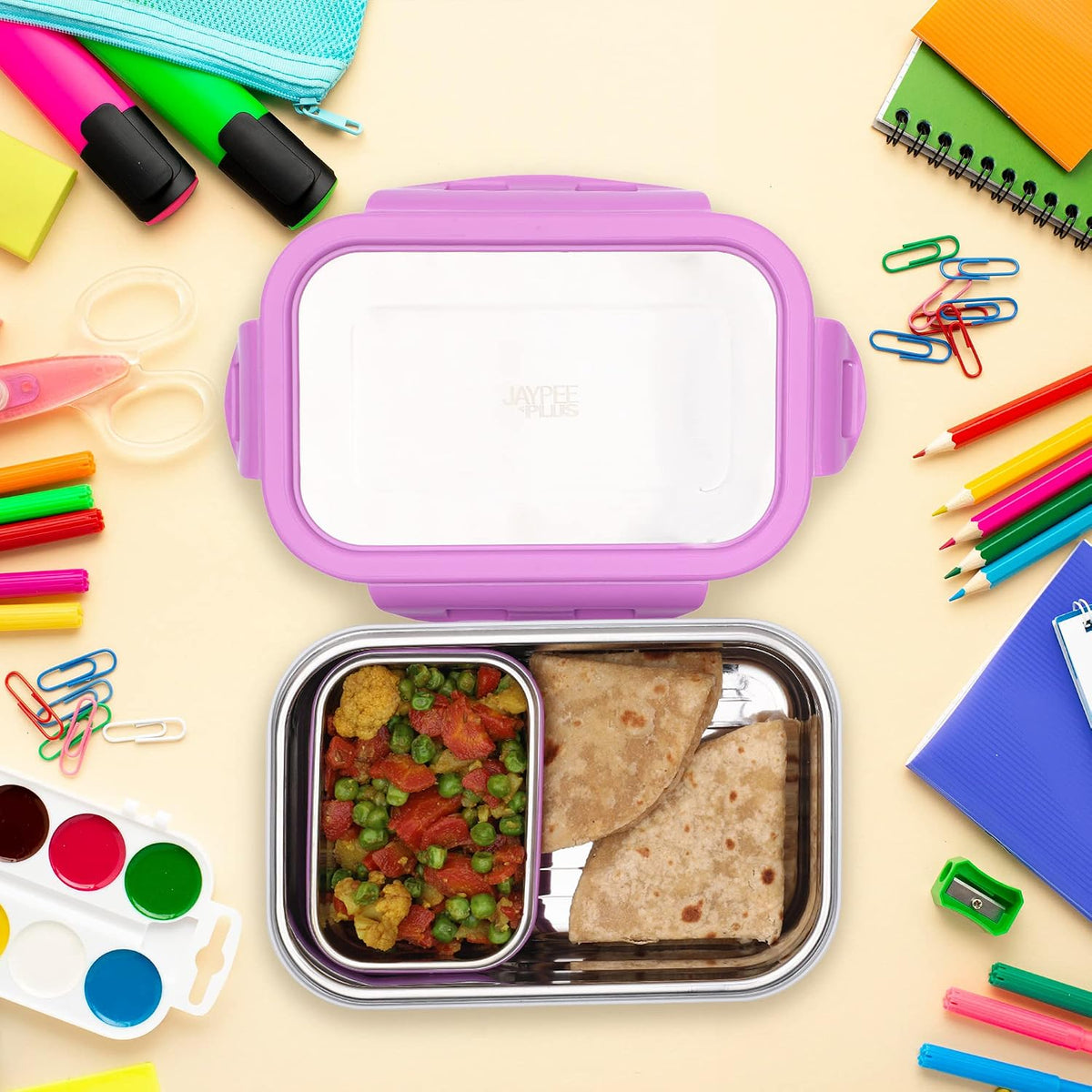 Jaypee Plus Captain Inner Stainless Steel Lunch Box for School Kids|Suitable for Office & Picnic |BPA Free |Spillproof Tiffin Box|Microwave Safe Without Lid |Purple,500 ml