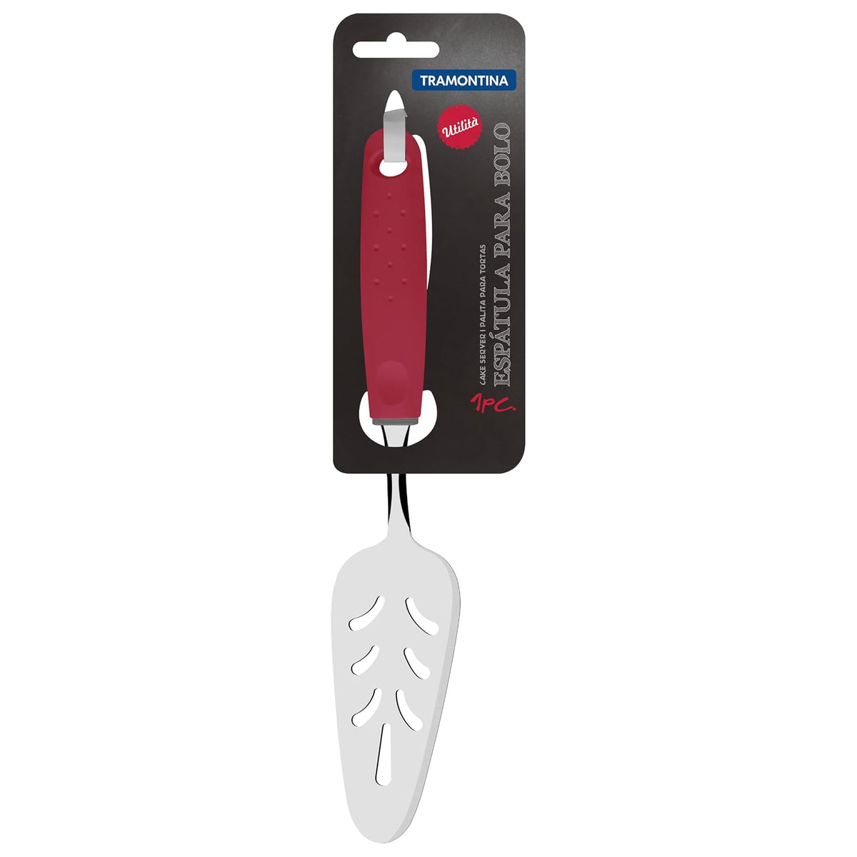 Tramontina Utilita Stainless-Steel Cake Spatula – Red Polypropylene Handle – Ideal for Spreading Frosting, Lifting Cake Slices, Serving Desserts & More