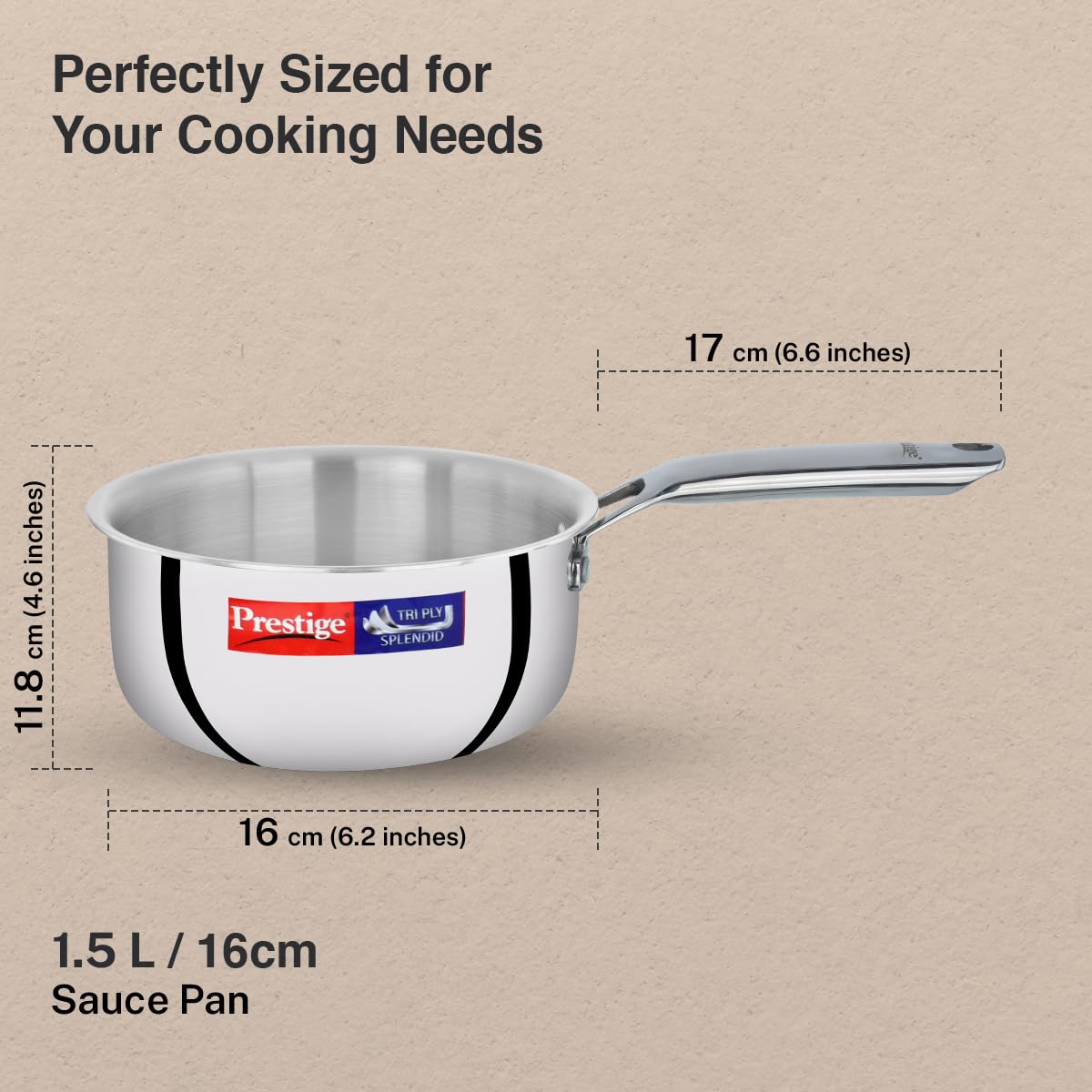 Prestige 16cm/1.5L Tri-Ply Stainless Steel Splendid Sauce Pan with Lid|Gas and Induction Compatible|Even Heat Distribution| Thick Gauge Tri-Ply Body|15 Year Warranty