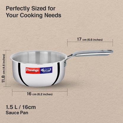 Prestige 16cm/1.5L Tri-Ply Stainless Steel Splendid Sauce Pan with Lid|Gas and Induction Compatible|Even Heat Distribution| Thick Gauge Tri-Ply Body|15 Year Warranty