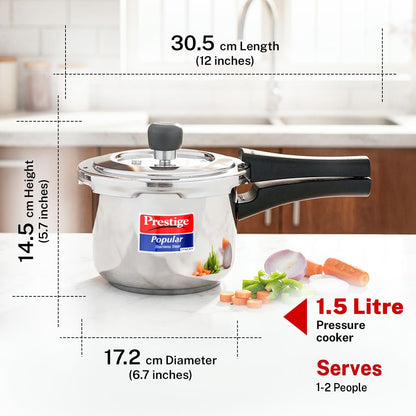 Prestige 1.5 Litre Stainless Steel Popular Svachh Outerlid Pressure Cooker | Deep lid for spillage control|Gas & Induction Compatible|Controlled Gasket Release System|5 Years warranty|ISI Certified