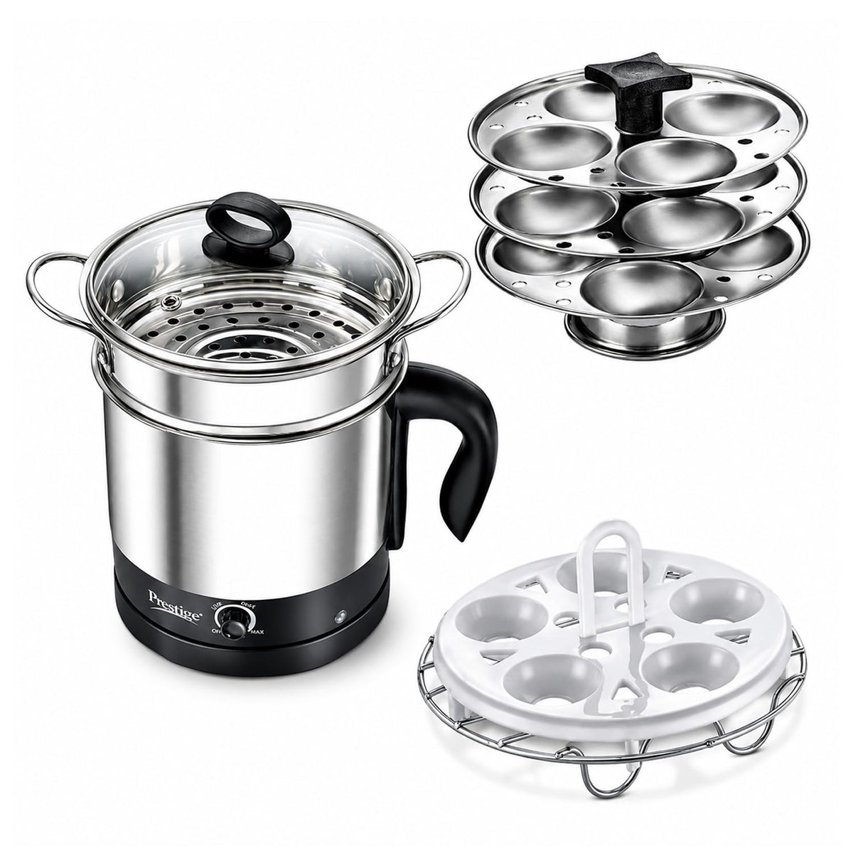 Prestige 1.5L PMC 3.0 Plus Multi Kettle/Multi Cooker|Comes with Idli stand, egg boiling rack & Steamer| Glass Lid with Stainless Steel rim|Temperature Control |Power Indicator (Silver, Black)