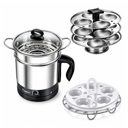 Prestige 1.5L PMC 3.0 Plus Multi Kettle/Multi Cooker|Comes with Idli stand, egg boiling rack & Steamer| Glass Lid with Stainless Steel rim|Temperature Control |Power Indicator (Silver, Black)