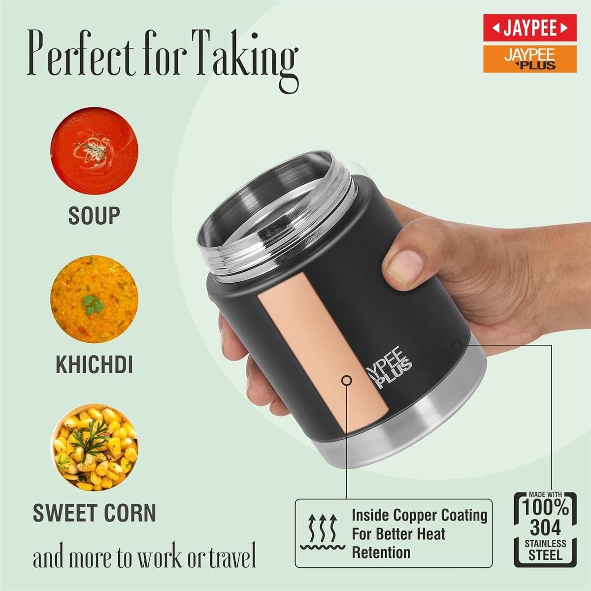 Jaypee Plus Nutri Jar Stainless Steel Vacuum Insulated Food Jar With Bag & Spoon|Hot And Cold Thermal Flask|Double Walled Scratch Resistant Ideal for Office, School, Gym & Travelling | 550 ml, Black