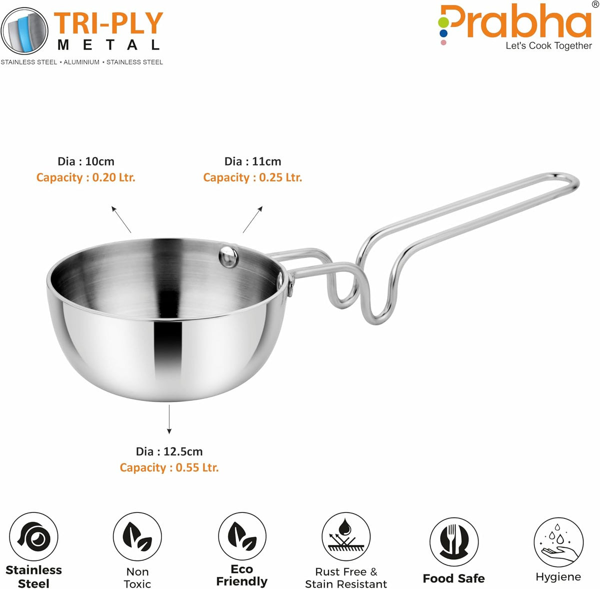 Prabha Stainless Steel Prima Tadka Pan 125mm - Tri-Ply Steel, Induction Base - Perfect for Chowka Pan Cooking