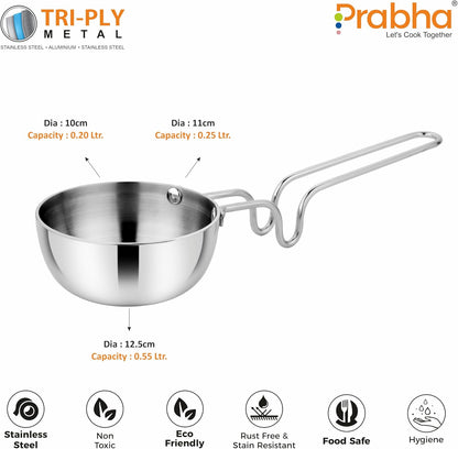 Prabha Stainless Steel Prima Tadka Pan 125mm - Tri-Ply Steel, Induction Base - Perfect for Chowka Pan Cooking