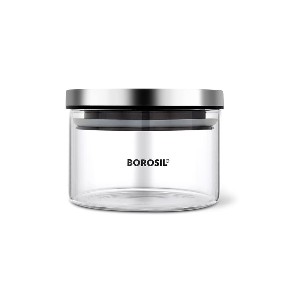 Borosil Classic Glass Jar with Airtight Stainless Steel Lid | Borosilicate Glass Storage Organiser | Microwave & Dishwasher Safe Kitchen Containers for Spices, Snacks, Grains, Dals (300 ml)