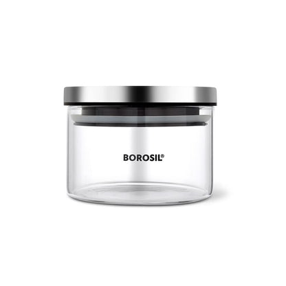 Borosil Classic Glass Jar with Airtight Stainless Steel Lid | Borosilicate Glass Storage Organiser | Microwave & Dishwasher Safe Kitchen Containers for Spices, Snacks, Grains, Dals (300 ml)