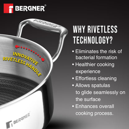 BERGNER Hi-Tech Giro Triply Stainless Steel Serving Pan with Glass Lid 28cm (9.4L), Honeycomb Non-Stick Coating, Healthy Cooking, Consumes Less Oil, Stay Cool Handles - Induction and Gas Stove Ready