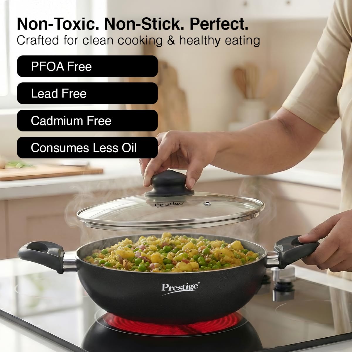 Prestige Omega Deluxe Granite Kadai | 3.25 L | Black | Induction Base | 5 Layer Non-Stick Granite Finish | Scratch Resistant | Dishwasher Safe | Metal Spoon Friendly