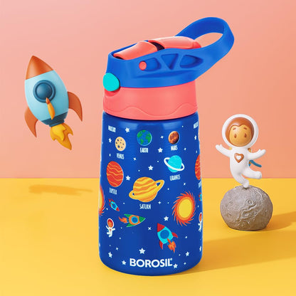 Borosil 330 ml Space Design Kids Stainless Steel Bottle | ISI Certified Made in India | 8 Hrs Hot & Cold Double Wall Vacuum Insulated Flask | Push & Straw Lid | Powder Coated Finish | 1 Year Warranty