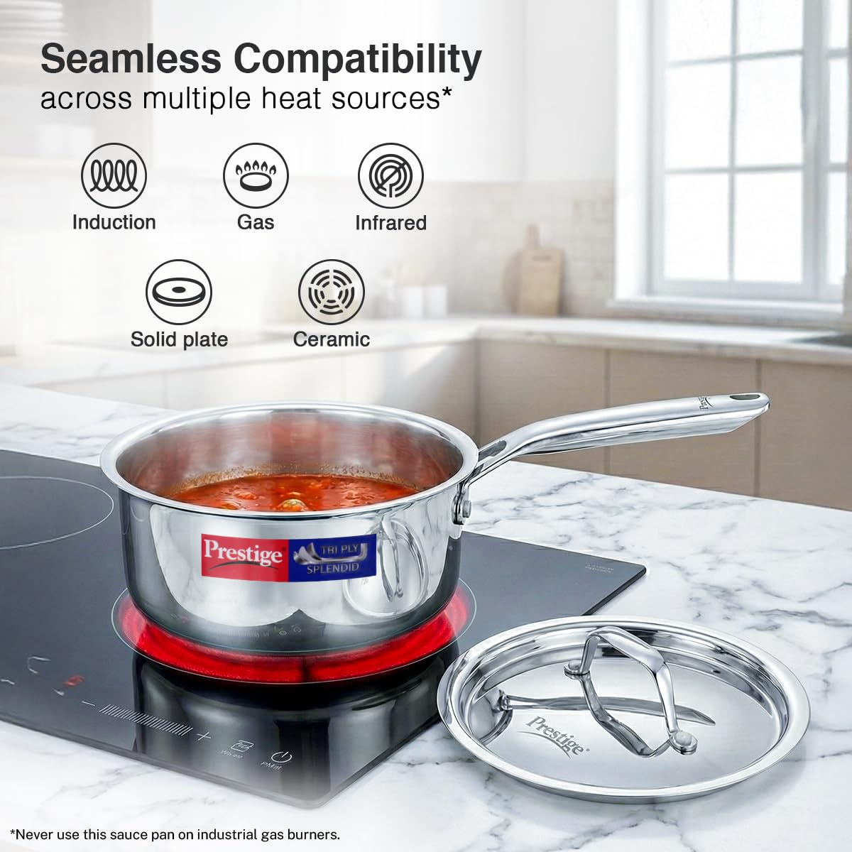 Prestige 14cm/1.1L Tri-Ply Stainless Steel Splendid Sauce Pan with Lid|Gas and Induction Compatible|Even Heat Distribution| Thick Gauge Tri-Ply Body|15 Year Warranty