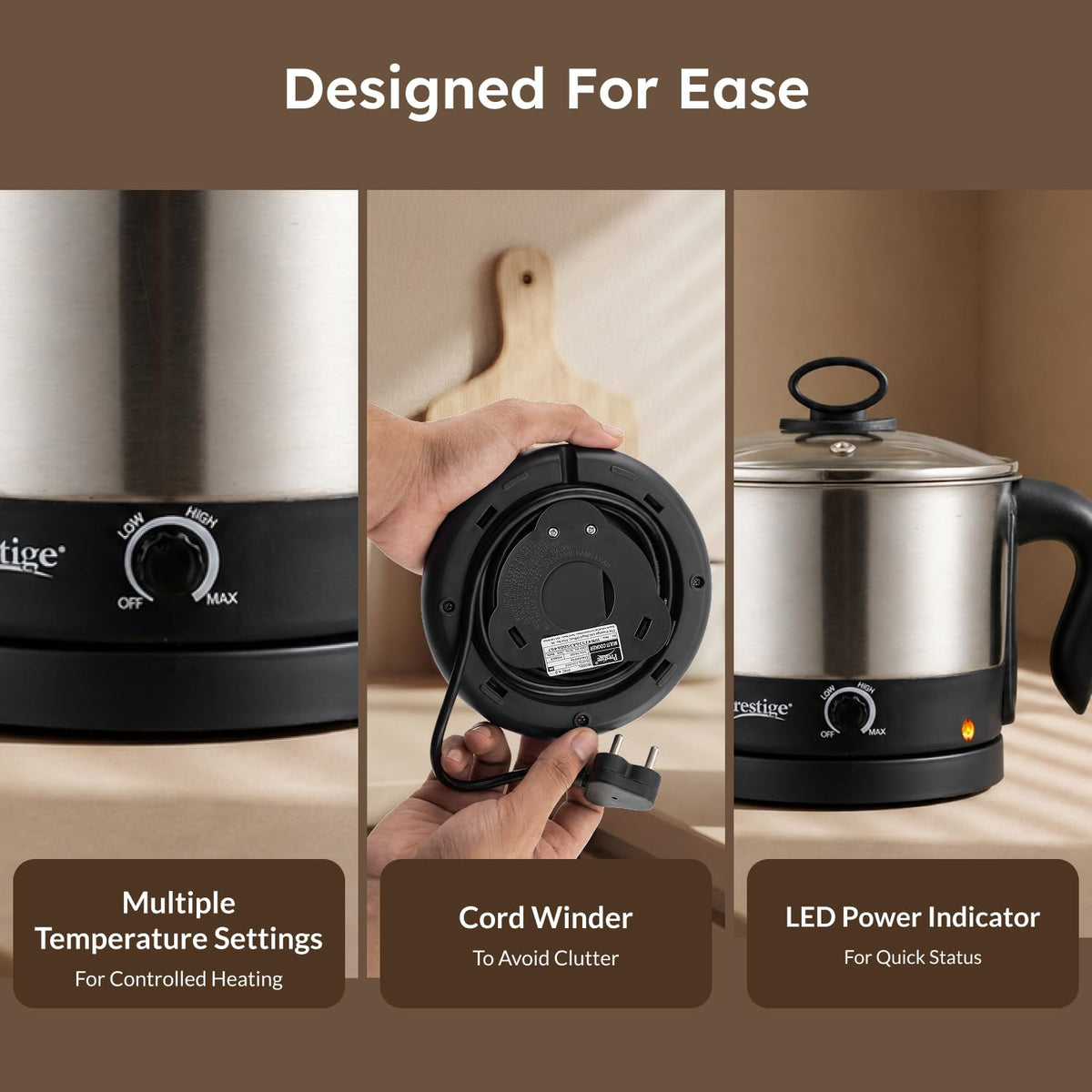 Prestige 1.5L PMC 3.0 Plus Multi Kettle/Multi Cooker|Comes with Idli stand, egg boiling rack & Steamer| Glass Lid with Stainless Steel rim|Temperature Control |Power Indicator (Silver, Black)