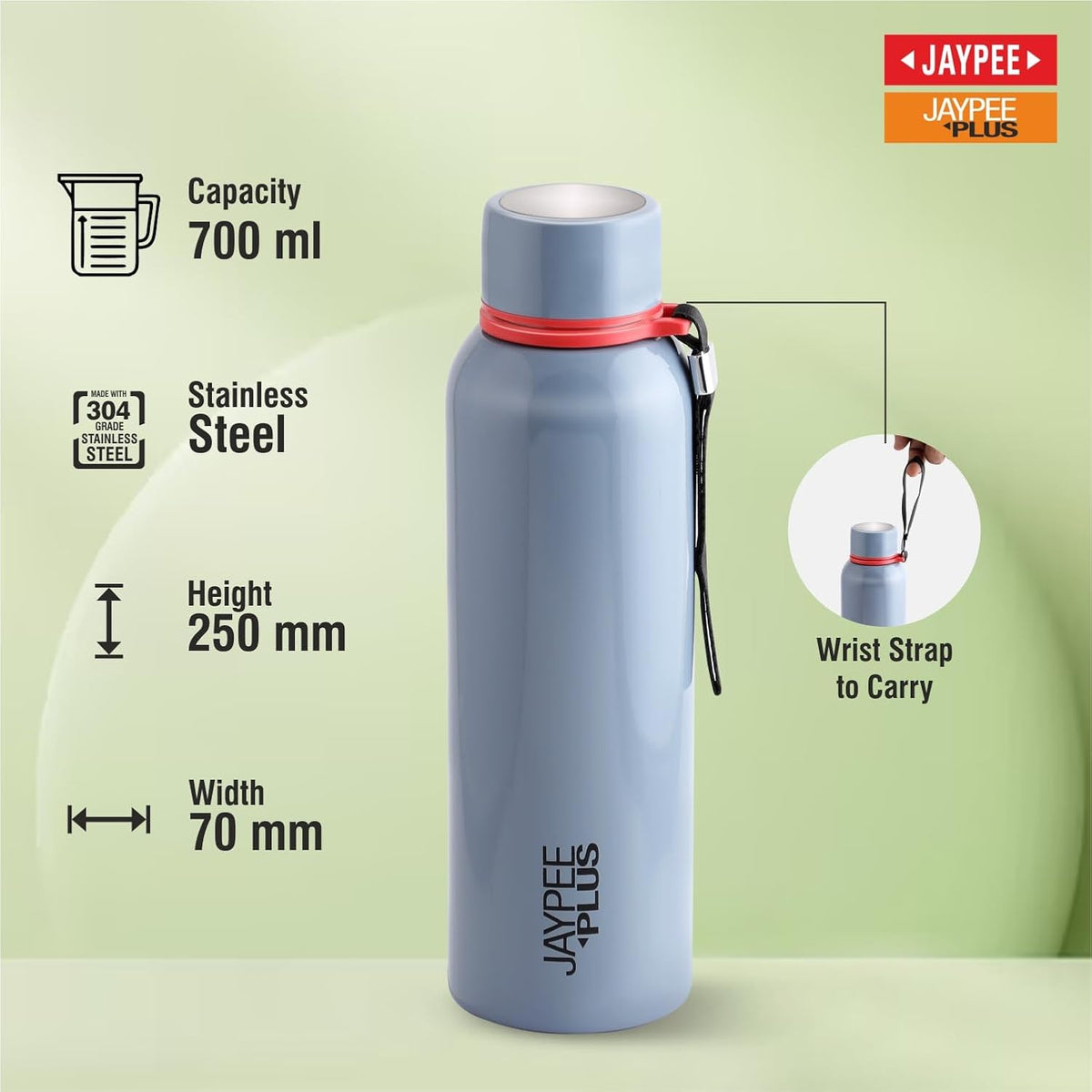 Jaypee Plus Vogue Stainless Steel Double Wall Thermosteel 700 ml Water Bottle ISI Certified Vaccum Insulated 24 hr Hot and Cold Water Bottle Anti Skid Leakproof Bottle Office, Gym,Trekking,Light Grey