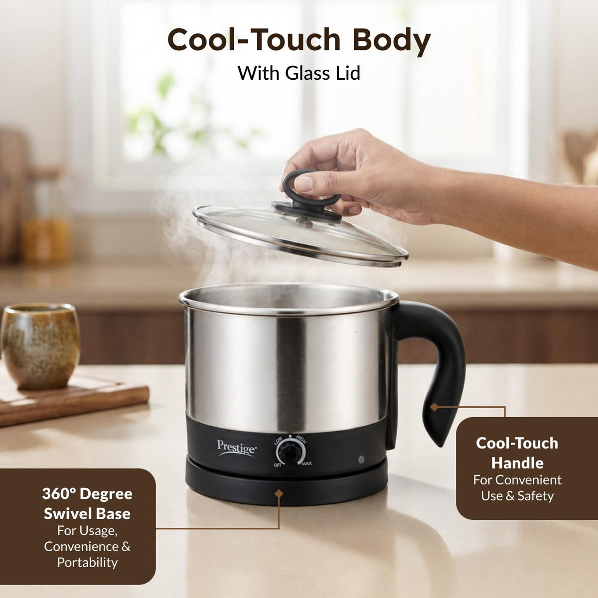 Prestige 1.5L PMC 3.0 Plus Multi Kettle/Multi Cooker|Comes with Idli stand, egg boiling rack & Steamer| Glass Lid with Stainless Steel rim|Temperature Control |Power Indicator (Silver, Black)