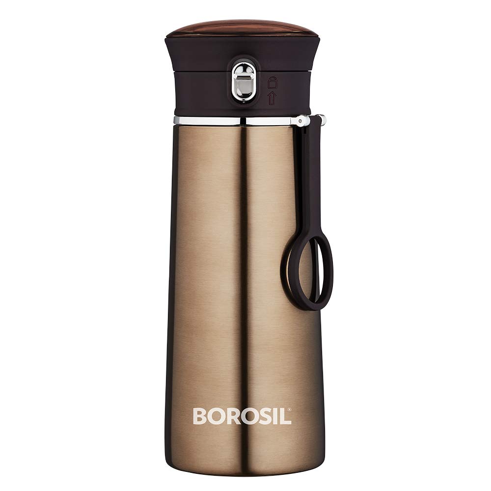 Borosil Travelease 420 ml Stainless Steel Water Bottle | Double Wall Vacuum Insulated Flask, Leakproof | 12 Hrs. Hot & 14 Hrs. Cold | Bottle for Office, Gym, School & College | 1 Year Warranty, Brown