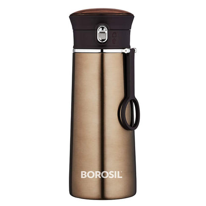 Borosil Travelease 420 ml Stainless Steel Water Bottle | Double Wall Vacuum Insulated Flask, Leakproof | 12 Hrs. Hot & 14 Hrs. Cold | Bottle for Office, Gym, School & College | 1 Year Warranty, Brown