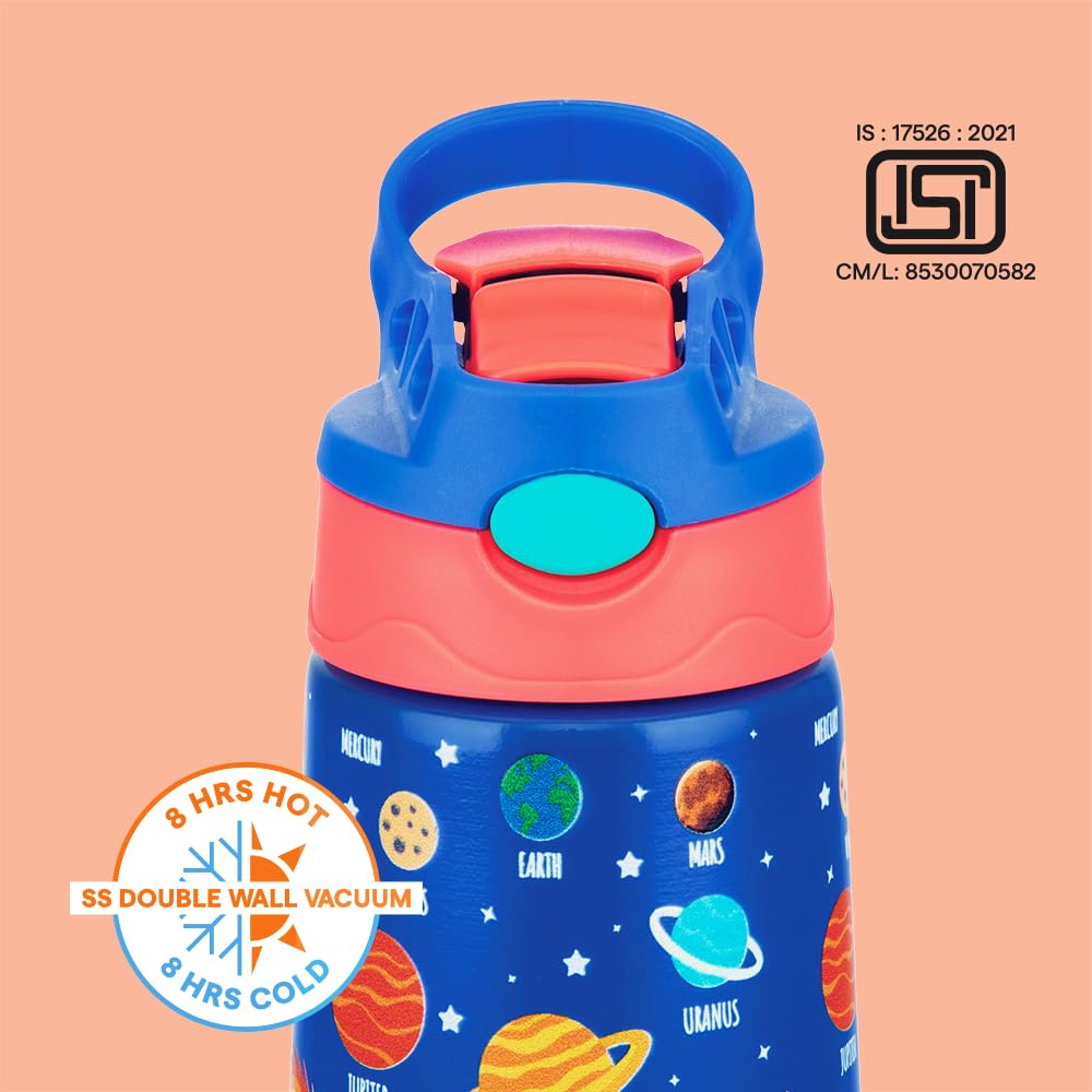 Borosil 330 ml Space Design Kids Stainless Steel Bottle | ISI Certified Made in India | 8 Hrs Hot & Cold Double Wall Vacuum Insulated Flask | Push & Straw Lid | Powder Coated Finish | 1 Year Warranty