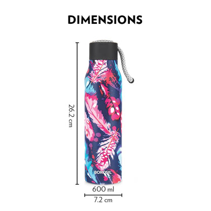 Borosil Hydra Aquasoul Vibrant 600 ml Stainless Steel Water Bottle | Double Wall Vacuum Insulated Flask, Leakproof, Wide Mouth with Strap | 12 Hours Hot & Cold | 1 Year Warranty