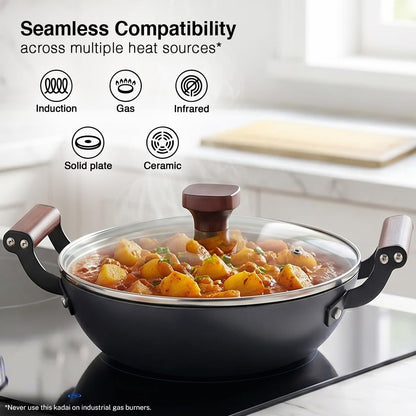 Prestige Castlite Patterned Enamel Coated Cast Iron Kadai 24cm/2.4L with Glass Lid | High Heat Retention, Rust-Proof | Gas & Induction Compatible | Low-Oil Cooking | Stay-Cool Handles | 15Y Warranty