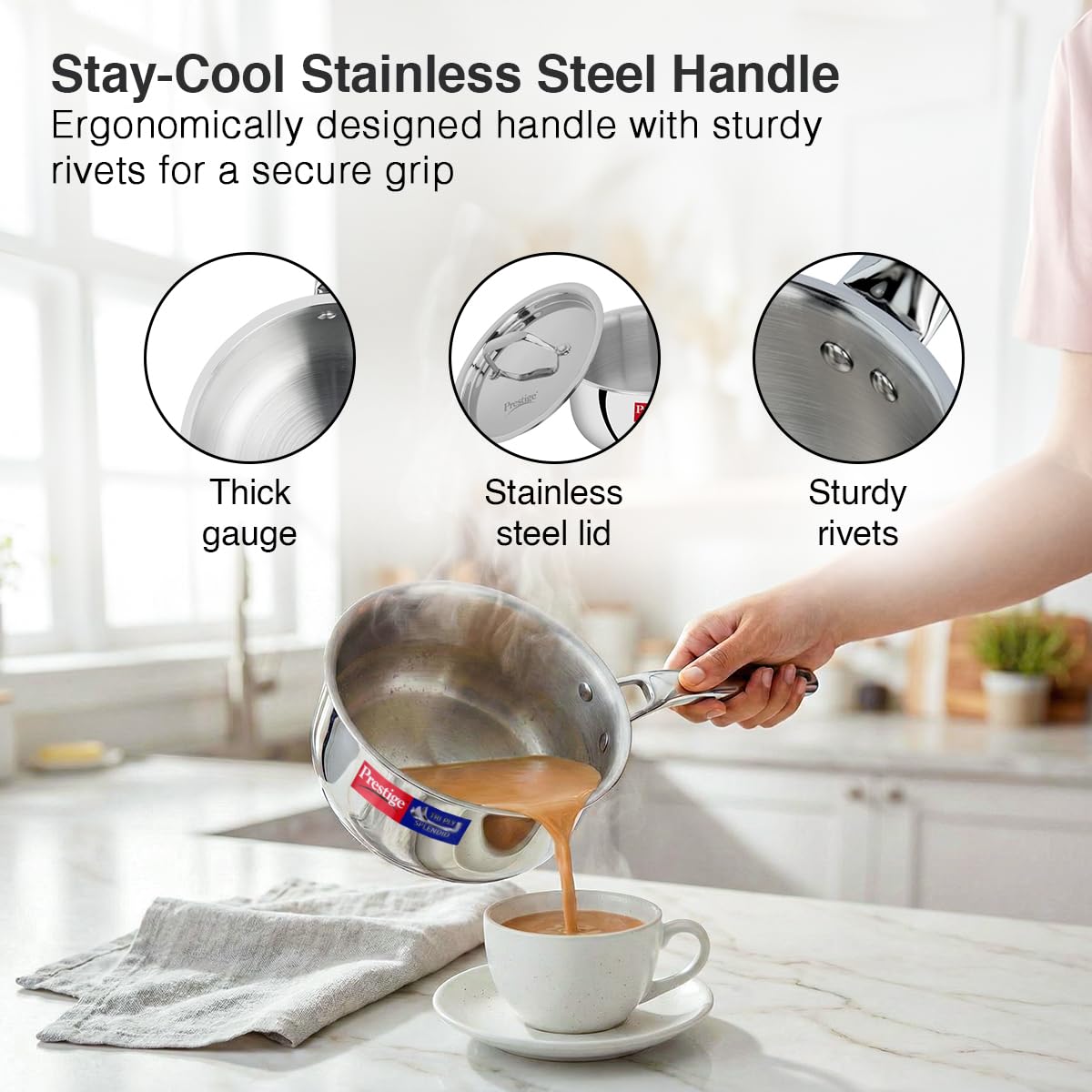 Prestige 14cm/1.1L Tri-Ply Stainless Steel Splendid Sauce Pan with Lid|Gas and Induction Compatible|Even Heat Distribution| Thick Gauge Tri-Ply Body|15 Year Warranty