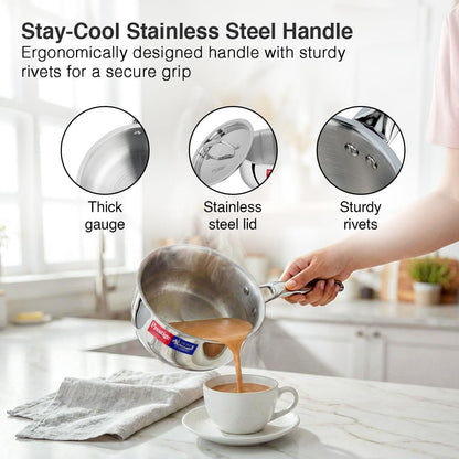 Prestige 14cm/1.1L Tri-Ply Stainless Steel Splendid Sauce Pan with Lid|Gas and Induction Compatible|Even Heat Distribution| Thick Gauge Tri-Ply Body|15 Year Warranty
