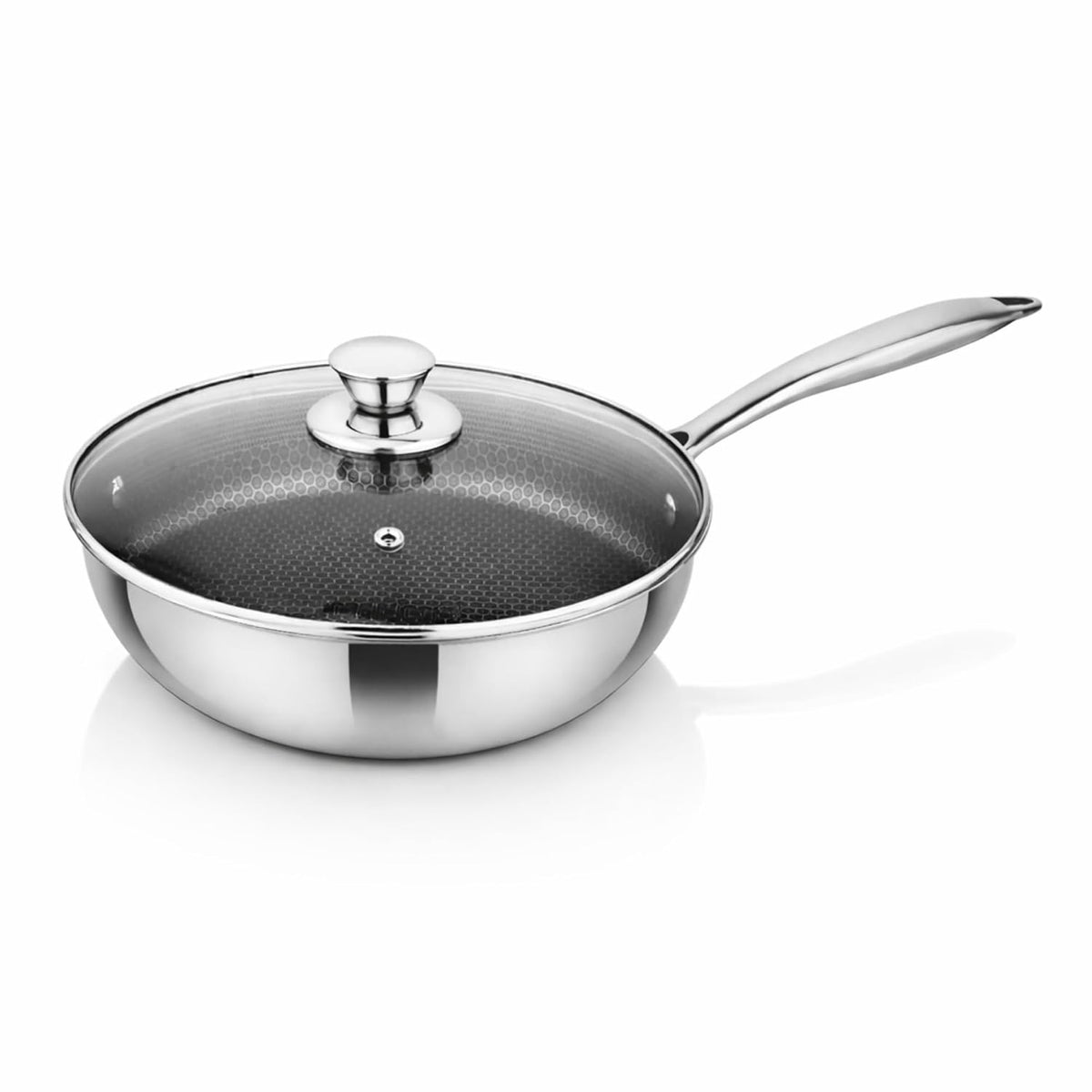 Prabha Tri-Ply Wok Fry Pan with Glass Lid 5.5 Litre | Stainless Steel Hexa Cube FryWok 30cm | FryPan Nonstick/Induction & Gas | Wok for Chinese Cooking | Cookware Deep Kadai Long Handle Steel
