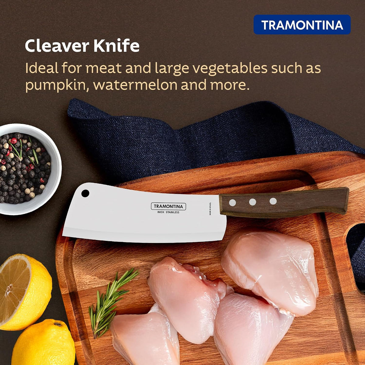 TRAMONTINA Tradicional 15cm / 5.9" Cleaver Knife | Stainless Steel Blade | Big Kitchen Knife for Large Vegetables/Fish | Straight/Plain Edge | Brown Ipe Wood Handle | 5 Year Warranty