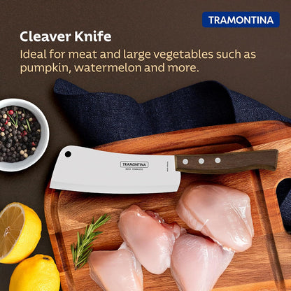 TRAMONTINA Tradicional 15cm / 5.9" Cleaver Knife | Stainless Steel Blade | Big Kitchen Knife for Large Vegetables/Fish | Straight/Plain Edge | Brown Ipe Wood Handle | 5 Year Warranty
