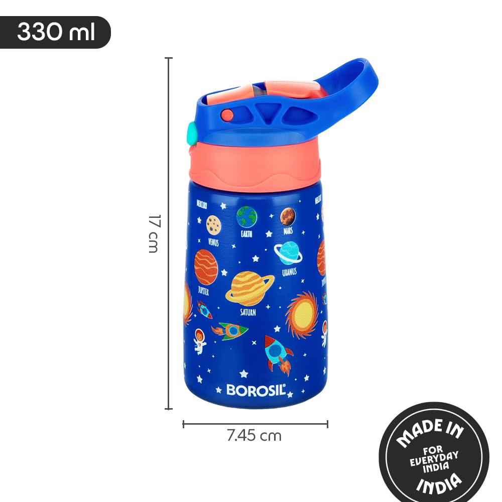 Borosil 330 ml Space Design Kids Stainless Steel Bottle | ISI Certified Made in India | 8 Hrs Hot & Cold Double Wall Vacuum Insulated Flask | Push & Straw Lid | Powder Coated Finish | 1 Year Warranty