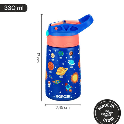Borosil 330 ml Space Design Kids Stainless Steel Bottle | ISI Certified Made in India | 8 Hrs Hot & Cold Double Wall Vacuum Insulated Flask | Push & Straw Lid | Powder Coated Finish | 1 Year Warranty