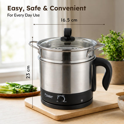 Prestige 1.5L PMC 3.0 Plus Multi Kettle/Multi Cooker|Comes with Idli stand, egg boiling rack & Steamer| Glass Lid with Stainless Steel rim|Temperature Control |Power Indicator (Silver, Black)