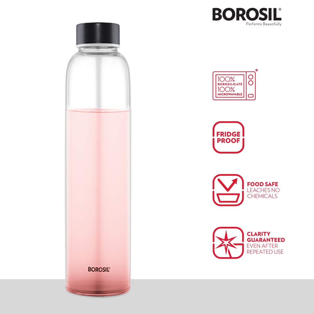 Borosil Crysto Slim Glass Water Bottle, Water Bottle for Fridge, Borosilicate Glass, Extreme Temperature Resistant, For Hot & Cold Water, Milk, Lassi, Juice, Black Lid, 550 ml, Stylish & Transparent