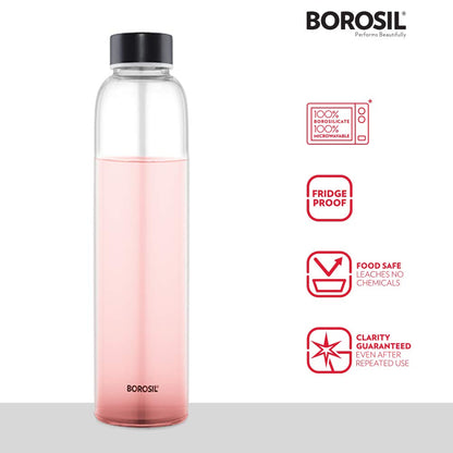 Borosil Crysto Slim Glass Water Bottle, Water Bottle for Fridge, Borosilicate Glass, Extreme Temperature Resistant, For Hot & Cold Water, Milk, Lassi, Juice, Black Lid, 550 ml, Stylish & Transparent