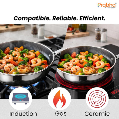 Prabha Tri-Ply Wok Fry Pan with Glass Lid 4.3 Litre | Stainless Steel Hexa Cube FryWok 28cm | FryPan Nonstick/Induction & Gas | Wok for Chinese Cooking | Cookware Deep Kadai Long Handle Steel