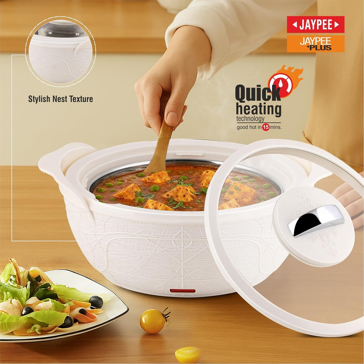 Jaypee Plus Nest Inner Stainless Steel Electric Casserole Serve Set with Glass Lid, 2000 ml, Insulated casserole Set |Food Grade Serving Set |Ideal For Serving Warm Dish, Ivory