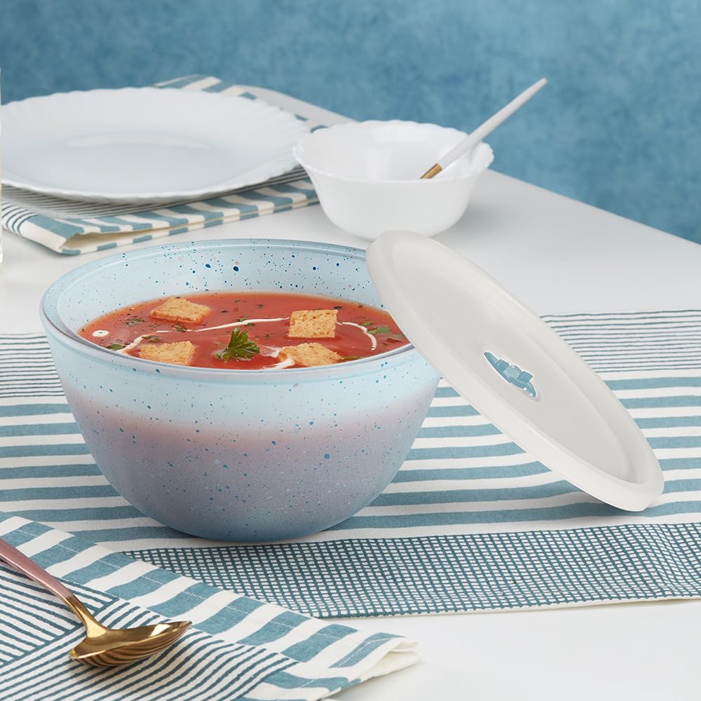Borosil 1 L Serving & Mixing Bowl with Lid | Made in India Borosilicate Glass Bowl for Kitchen & Dinning | Bowl for Mixing Dough, Salad, Batter | Microwave & Dishwasher Safe (Blue)