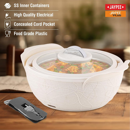 Jaypee Plus Nest Inner Stainless Steel Electric Casserole Serve Set with Glass Lid, 2000 ml, Insulated casserole Set |Food Grade Serving Set |Ideal For Serving Warm Dish, Ivory