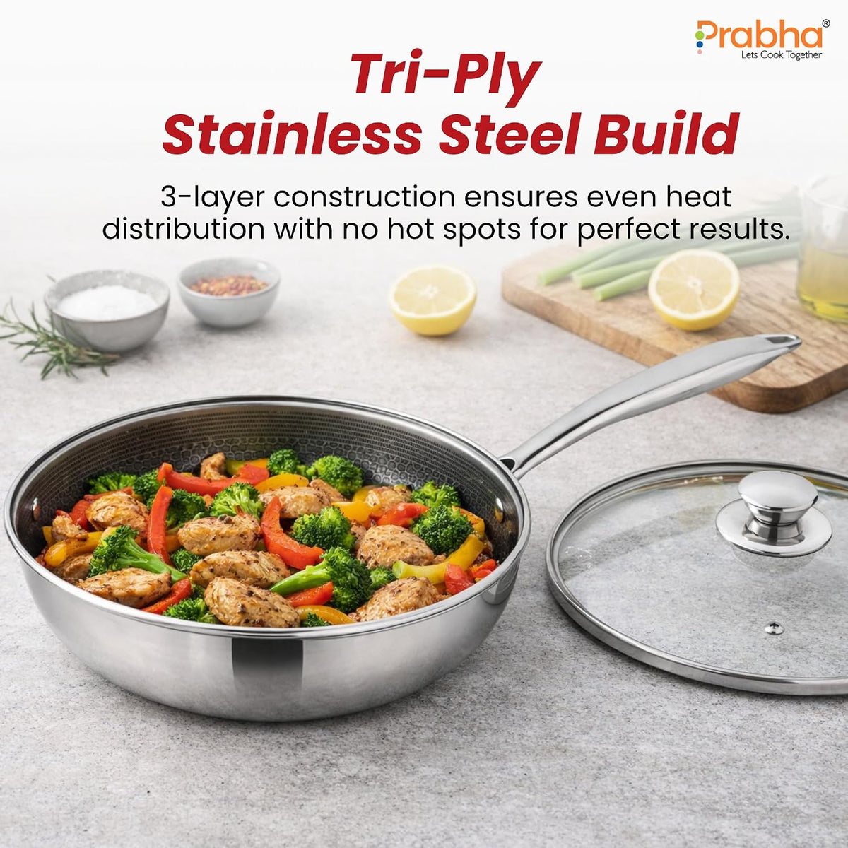 Prabha Tri-Ply Wok Fry Pan with Glass Lid 5.5 Litre | Stainless Steel Hexa Cube FryWok 30cm | FryPan Nonstick/Induction & Gas | Wok for Chinese Cooking | Cookware Deep Kadai Long Handle Steel