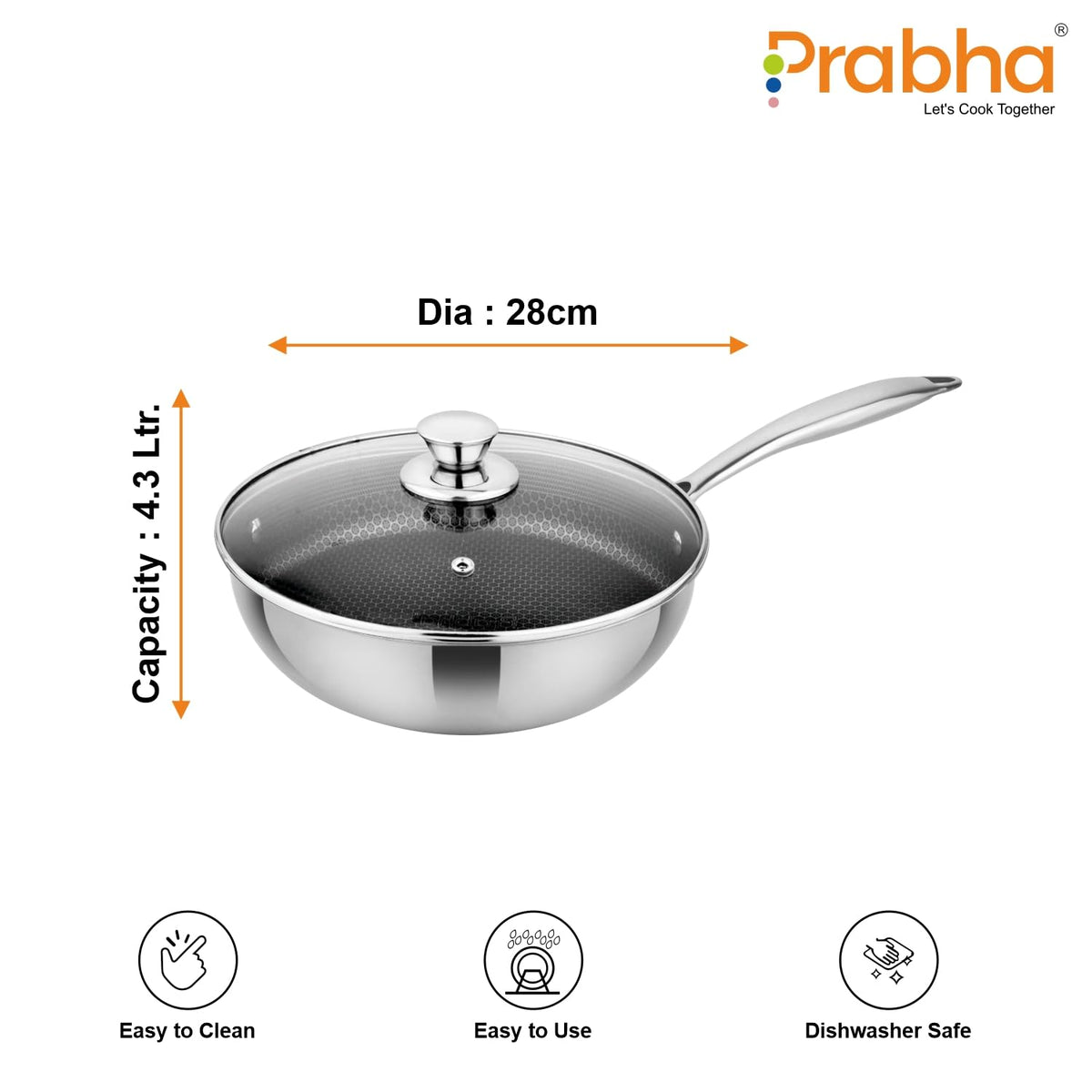 Prabha Tri-Ply Wok Fry Pan with Glass Lid 4.3 Litre | Stainless Steel Hexa Cube FryWok 28cm | FryPan Nonstick/Induction & Gas | Wok for Chinese Cooking | Cookware Deep Kadai Long Handle Steel