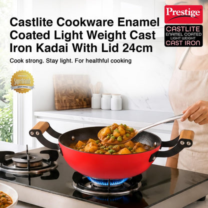 Prestige Castlite Enamel Coated Cast Iron Kadai 24cm/ 2.3L with Glass Lid | Lightweight, High Heat Retention | Gas & Induction Compatible | Low-Oil Cooking | Wooden Handles | Easy Clean |15Y Warranty