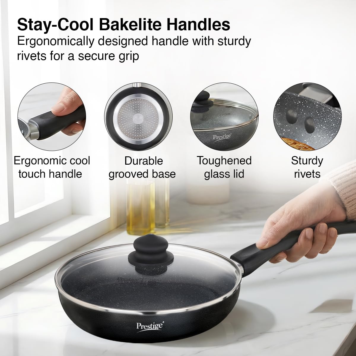 Prestige Non-Stick Omega Deluxe Granite Fry Pan with Lid | 26 Centimetre | Black | Induction Base | 5 Layer Non-Stick Cookware | Dishwasher Compatible