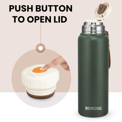 Borosil Hydra Cruise Stainless Steel 900 ml Water Bottle | Double Wall Vacuum Insulated, Flask | 17 Hours Hot & 20 Hours Cold | Leakproof, BPA Free | 1 Year Warranty, Green
