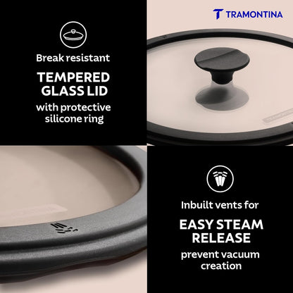 Tramontina TITANEX 24cm/4.9L Pre-Seasoned Heritage Cast Iron Casserole with Toughened Glass Lid | Gas/Induction Compatible Biryani Pot | Stock Pot with Snap-On Silicone Grips | Life-Time Warranty*