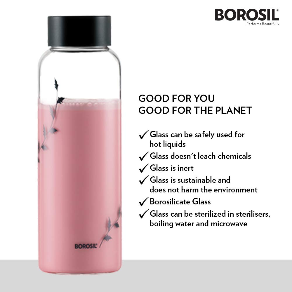 Borosil Crysto Krip Glass Water Bottle, 1 L, Transparent