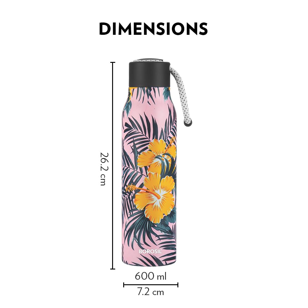 Borosil Hydra Aquasoul Tropical 600 ml Stainless Steel Water Bottle | Double Wall Vacuum Insulated Flask, Leakproof, Wide Mouth with Strap | 12 Hours Hot & Cold | 1 Year Warranty