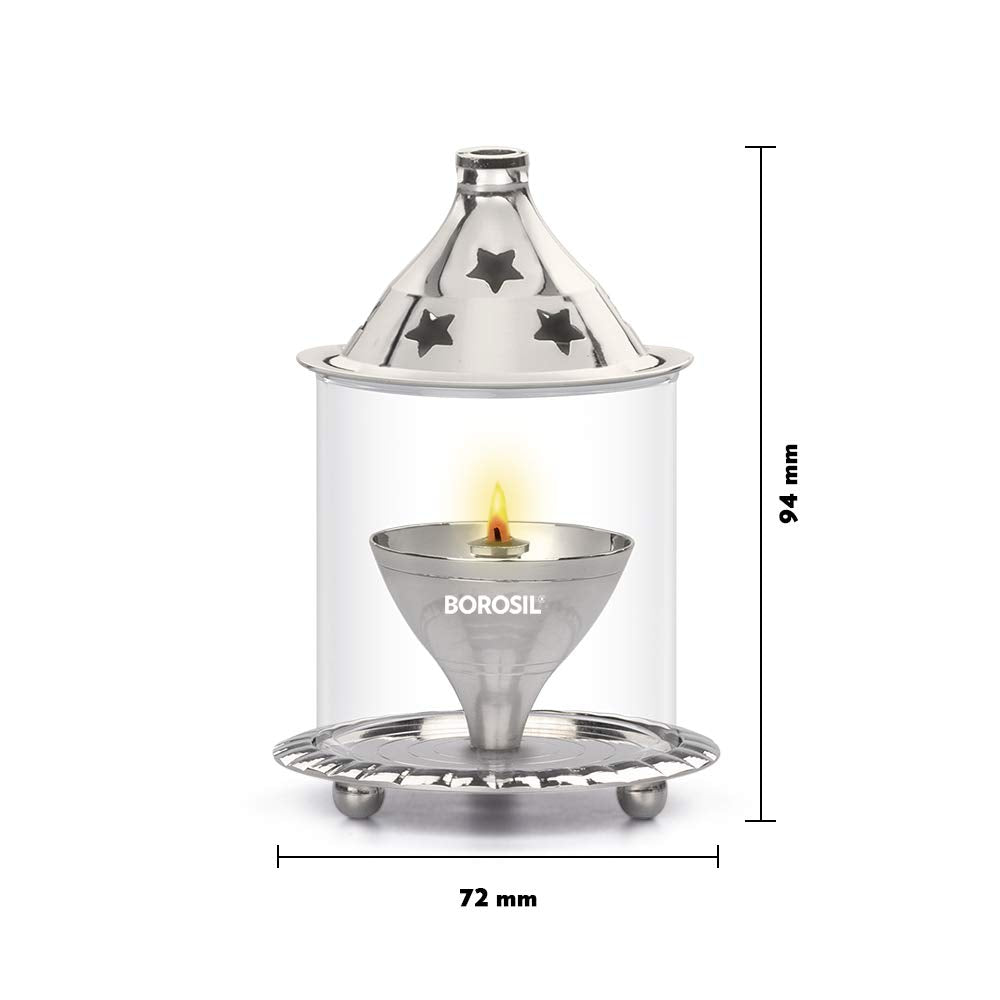 Borosil Small Size Akhand Diya Decorative Nickel Glass Oil Lamp | Tea Light Holder | Diya with Borosilicate Glass | Puja Dia for Mandir | Lantern Diya with Glass Cover, Nickel Diya