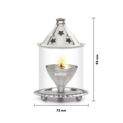 Borosil Small Size Akhand Diya Decorative Nickel Glass Oil Lamp | Tea Light Holder | Diya with Borosilicate Glass | Puja Dia for Mandir | Lantern Diya with Glass Cover, Nickel Diya
