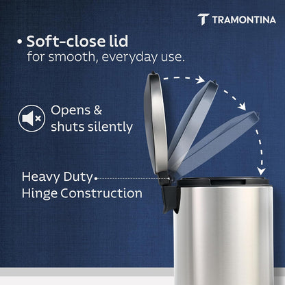 TRAMONTINA 5 Litre Stainless Steel Step Dustbin | Fingerprint-Resistant Finish | Soft-Close Lid | Removable Inner Bucket | Round Trash Can for Home, Office & Hospitality